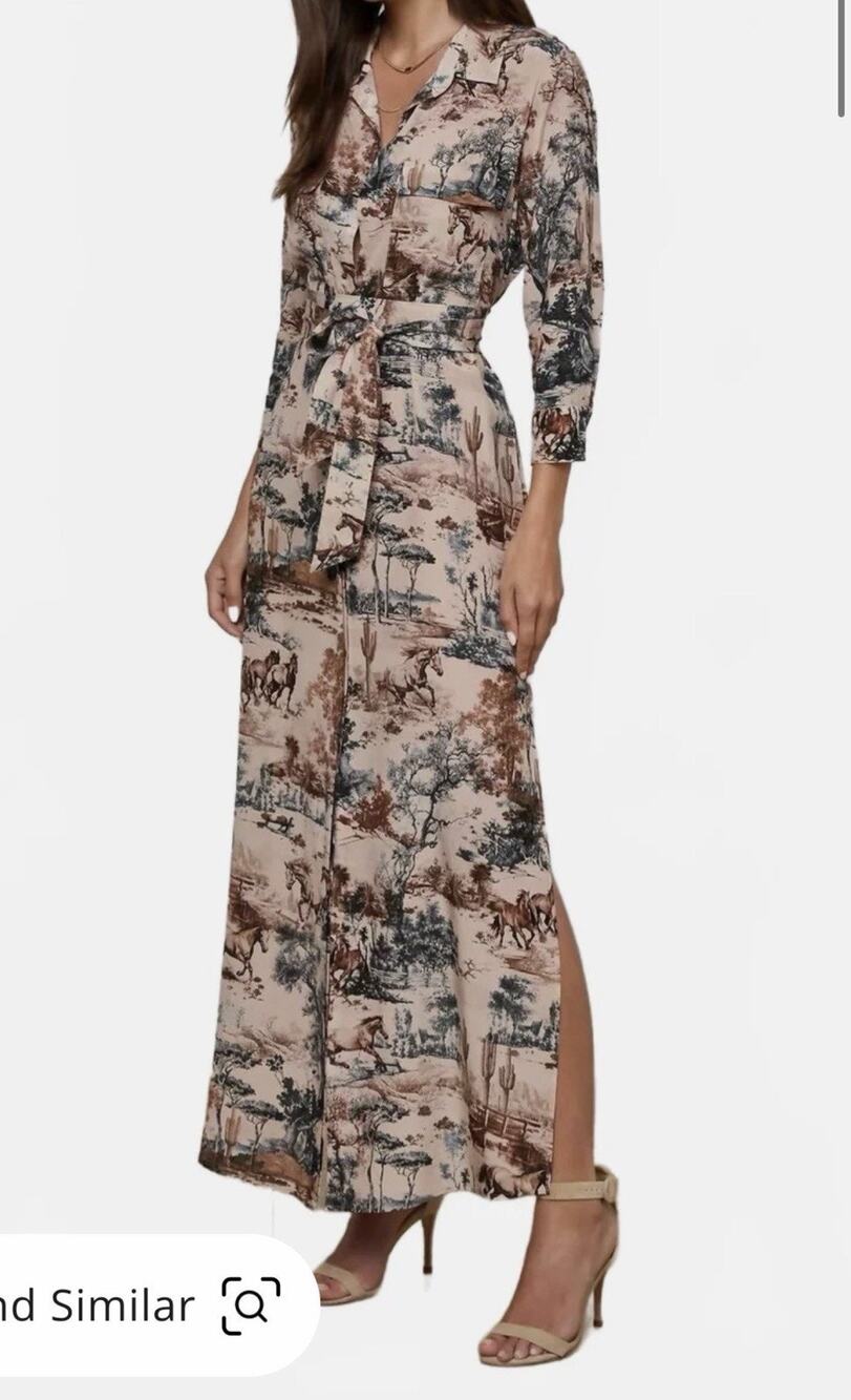 NWT L’Agence Cameron Long Shirt Dress •S• Tan Western Toile Horses Silk $750